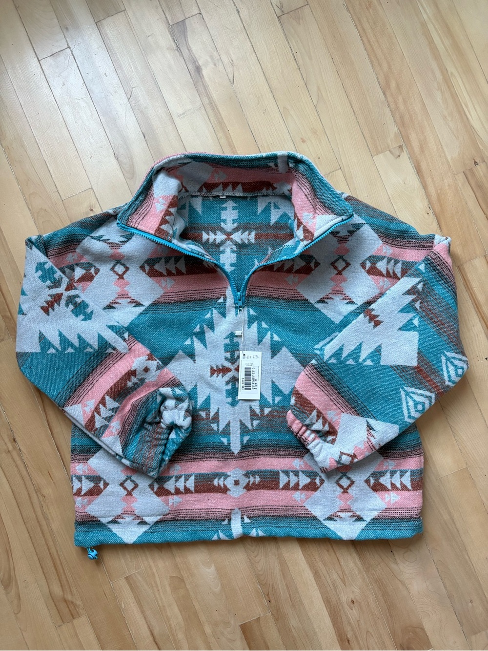 Aztec Half-Zip Pullover Sweater in Teal and Pink